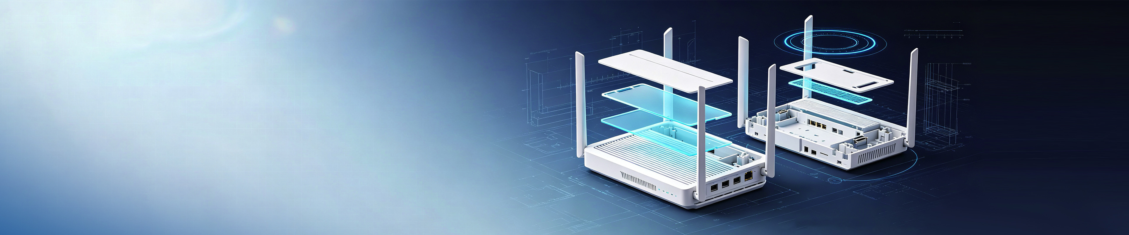 Exploded technical rendering of a Wi-Fi router shell showing internal shielding layers and port cutouts